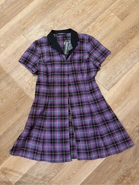 Dangerfield Purple Plaid Button-Front Dress with Black Collar